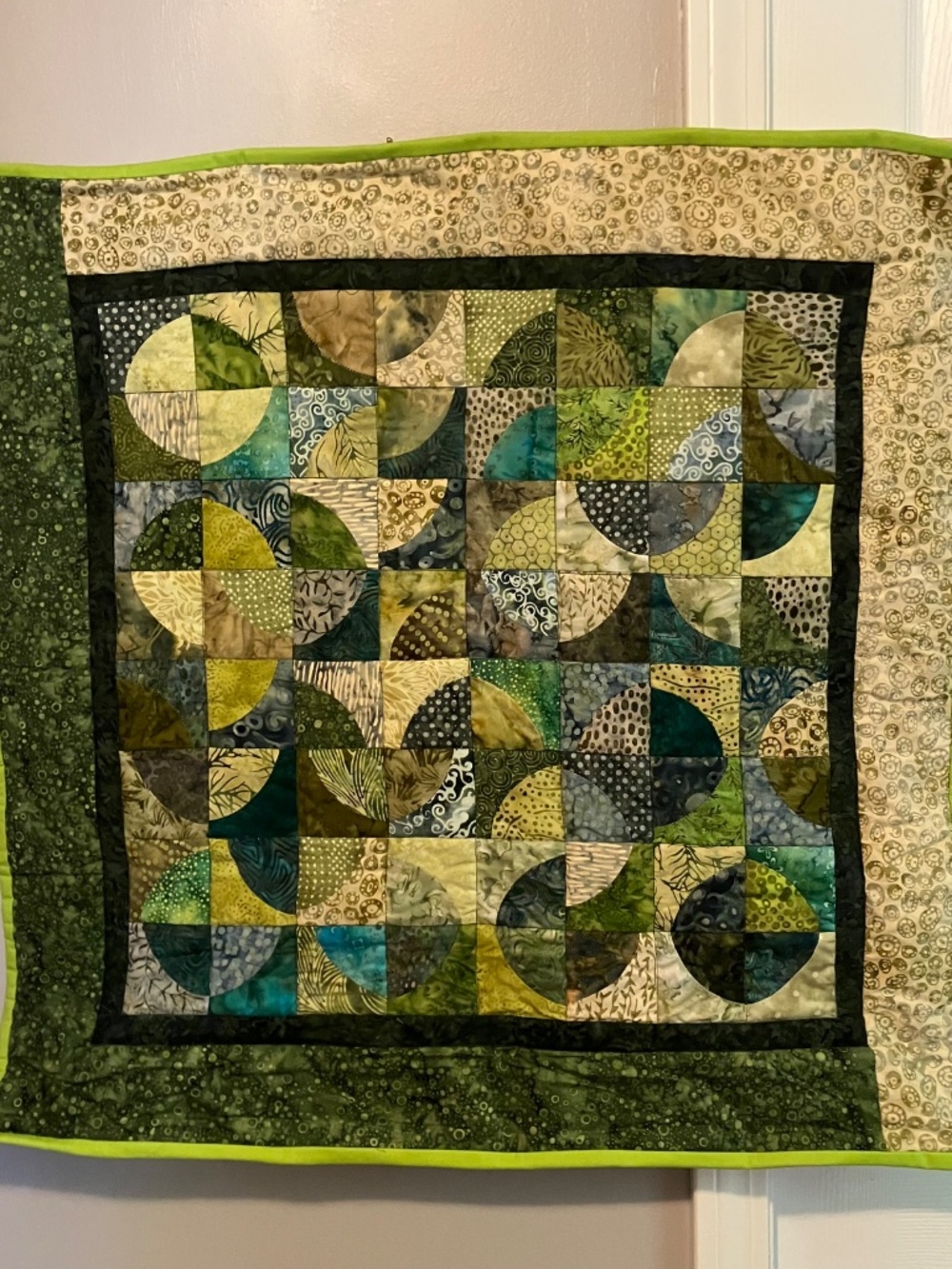 Signed Studio Art Quilt Wall Hanging "Phases" 32x32 Green Teal Batik 2009